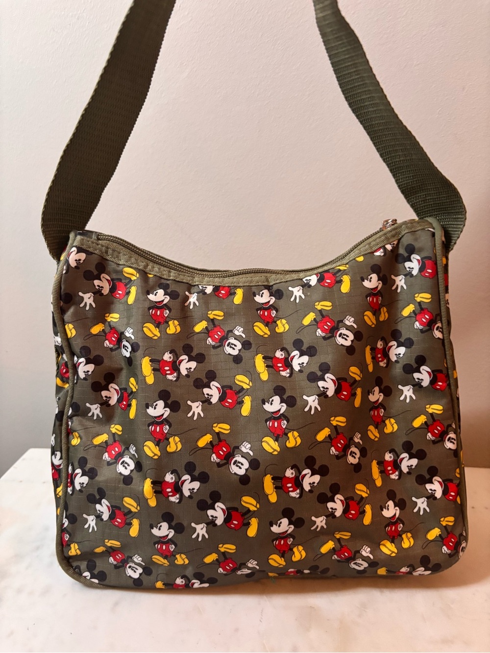 Disney Mickey olive green nylon purse shoulder bag zipper top